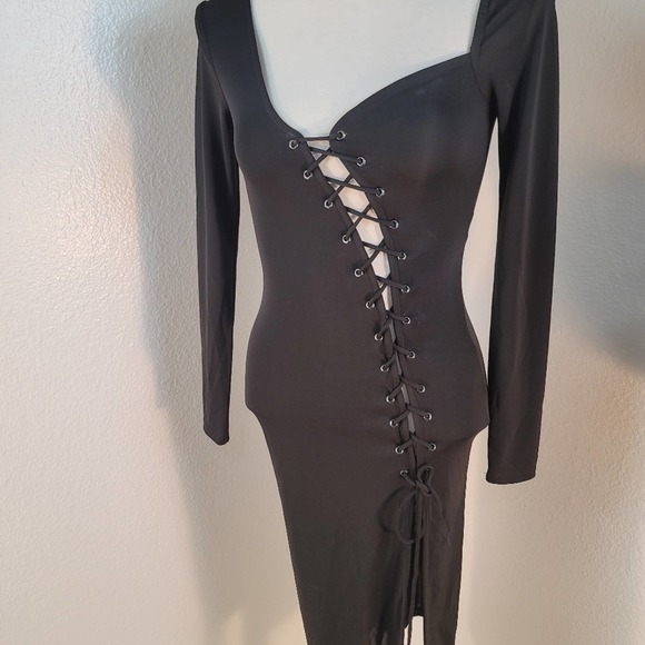 H:OURS x REVOLVE BRANDEN MIDI BLACK ASYMMETRICAL CUT LACE UP DRESS SIZE XSMALL - Picture 11 of 12